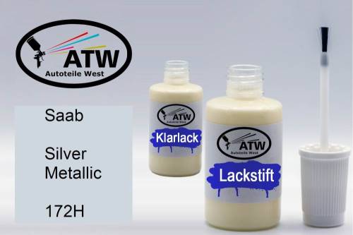 Saab, Silver Metallic, 172H: 20ml Lackstift + 20ml Klarlack - Set, von ATW Autoteile West.